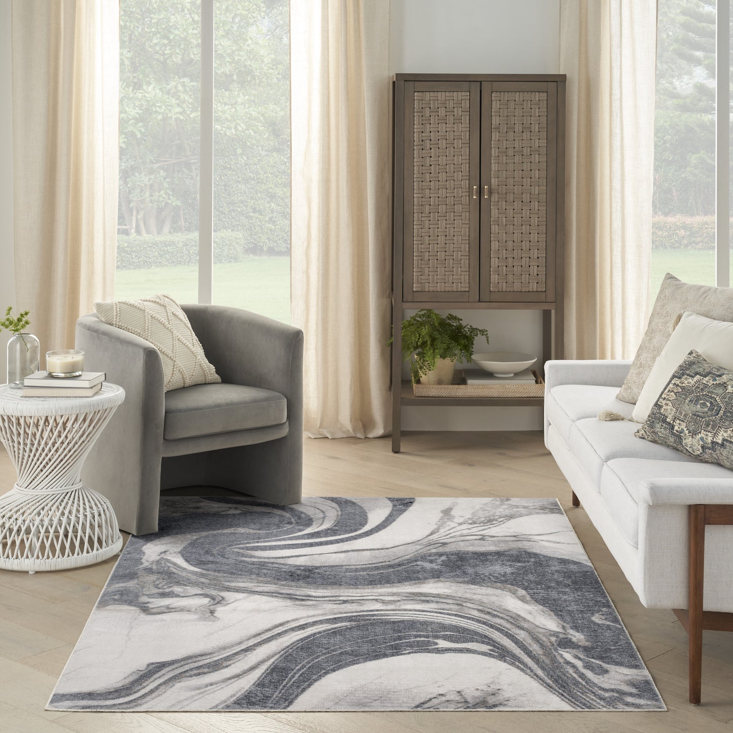 Nourison Astra Machine Washable 5'3" x 7' Ivory Grey Modern Indoor Rug