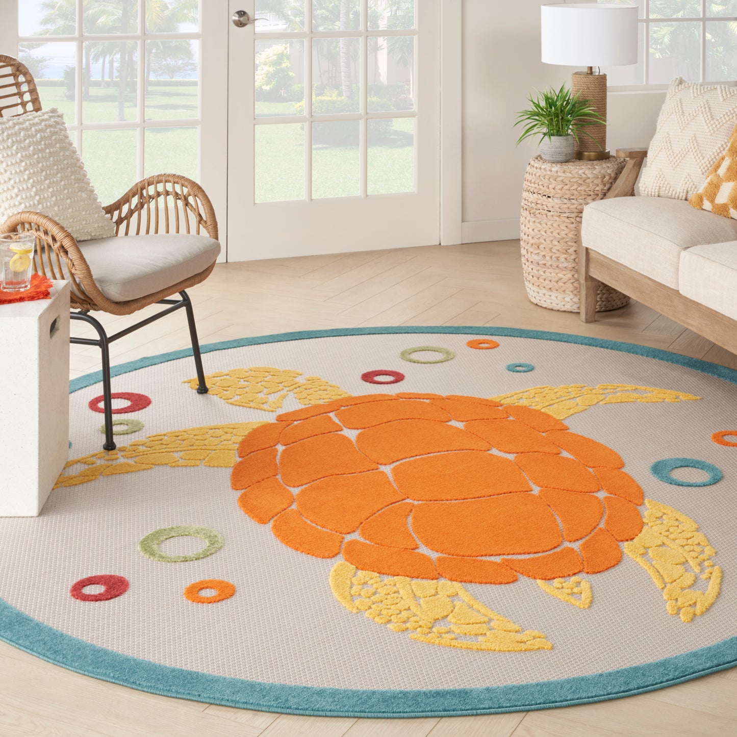 Nourison Aloha 7'10" x Round Teal Multicolor Coastal, Nautical & Beach Rug