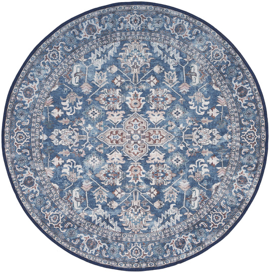 Nicole Curtis Machine Washable Series 1 5'3" x Round Navy Ivory Vintage Indoor Rug