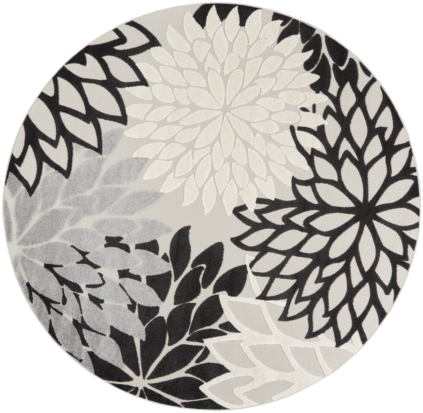 Nourison Aloha 7'10" x Round Black White Tropical Rug