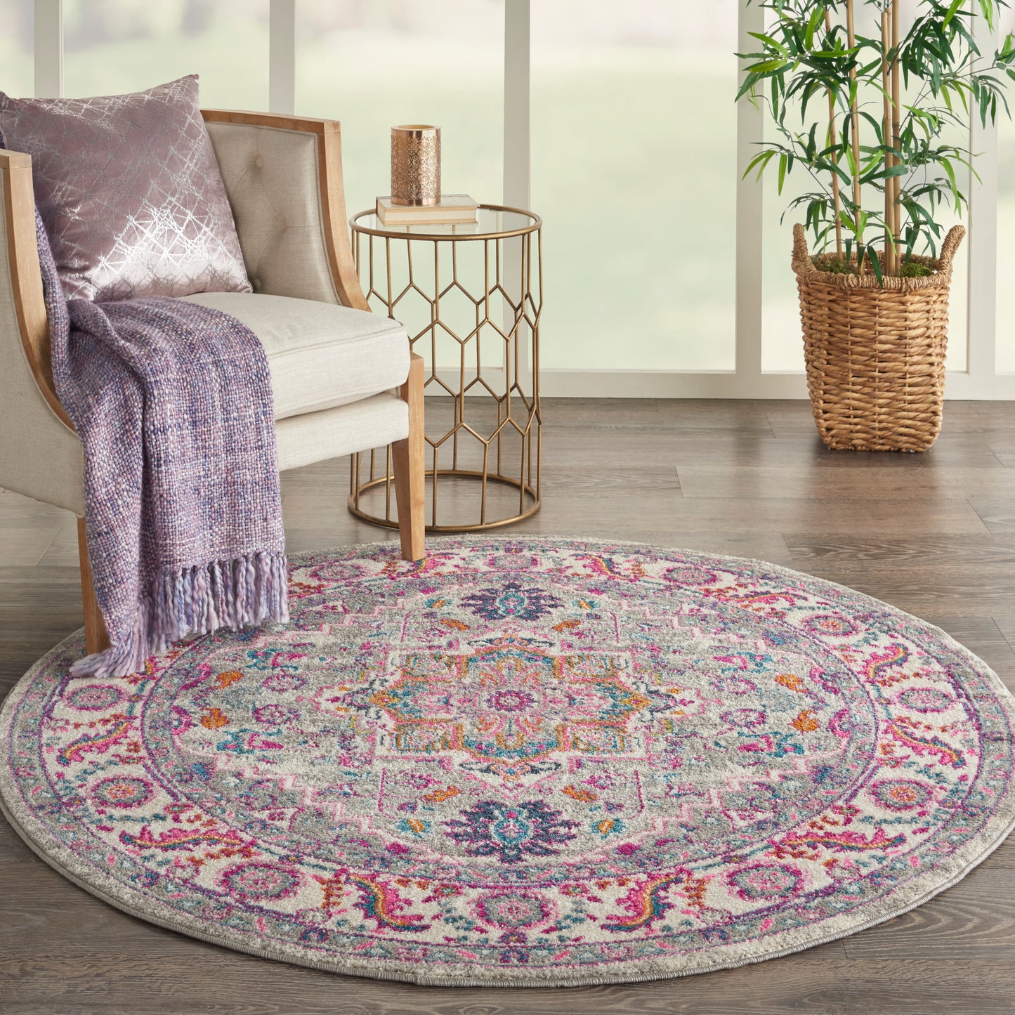 Nourison Passion 4' x Round Light Grey/Pink Bohemian Indoor Rug