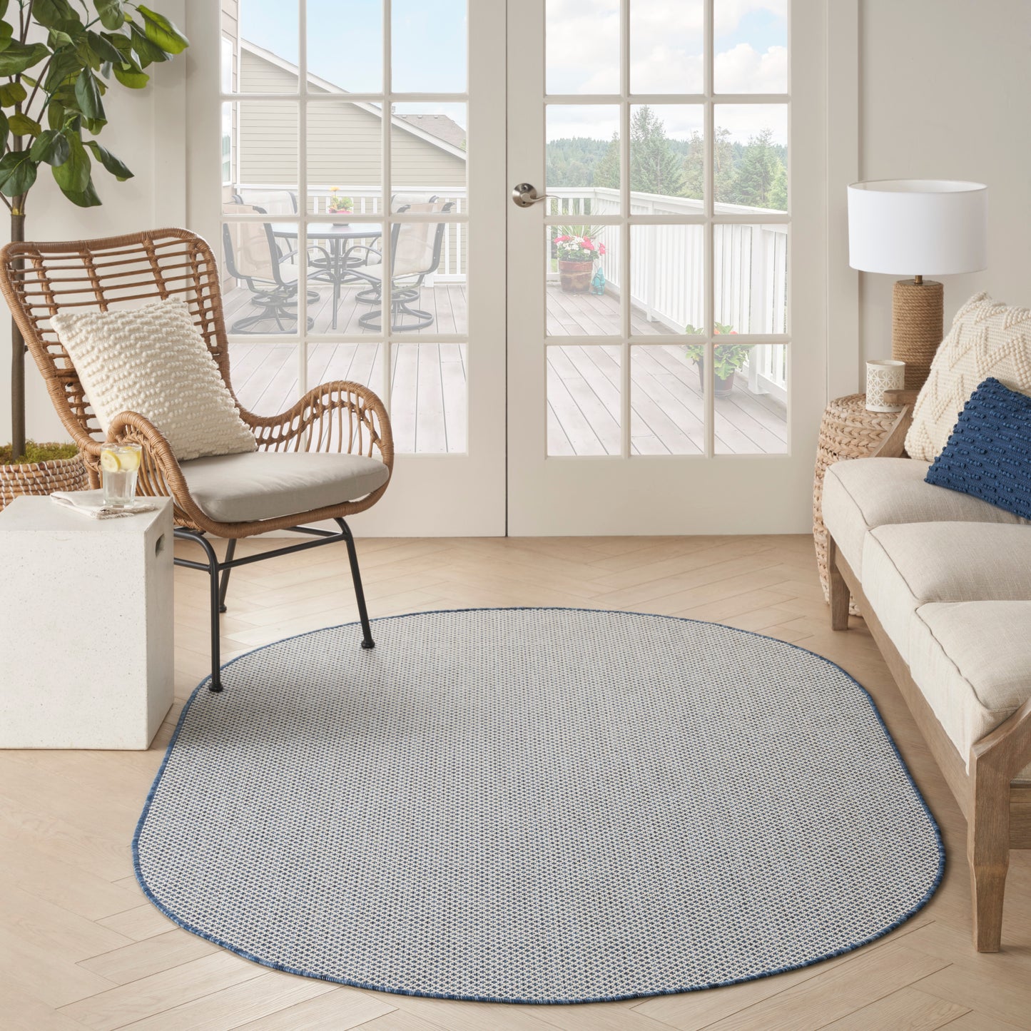 Nourison Courtyard 5' x 8' Oval Ivory Blue Modern Rug