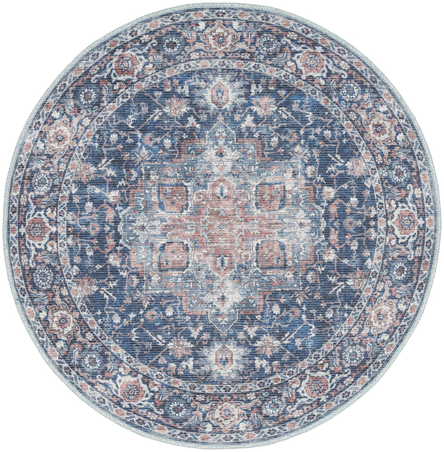 Nicole Curtis Machine Washable Series 1 4' x Round Ivory Navy Vintage Indoor Rug