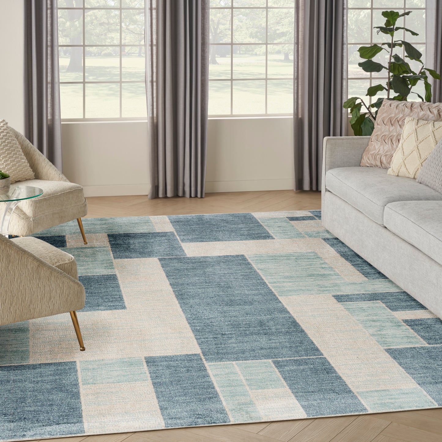 Nourison Astra Machine Washable 9' x 12' Blue Ivory Modern Indoor Rug