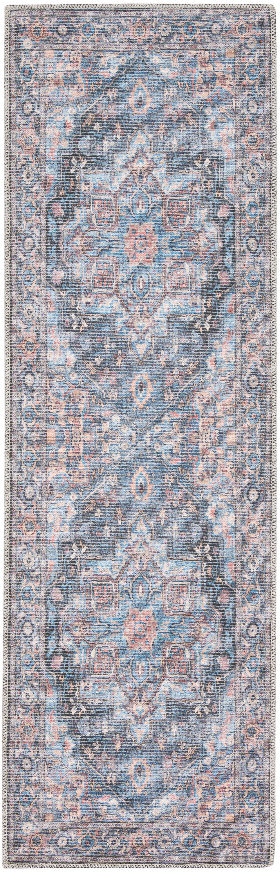 Nicole Curtis Machine Washable Series 1 2'2" x 8' Light Blue Multi Vintage Indoor Rug