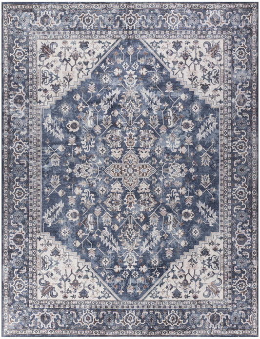 Nicole Curtis Machine Washable Series 1 10' x 14' Navy Ivory Vintage Indoor Rug