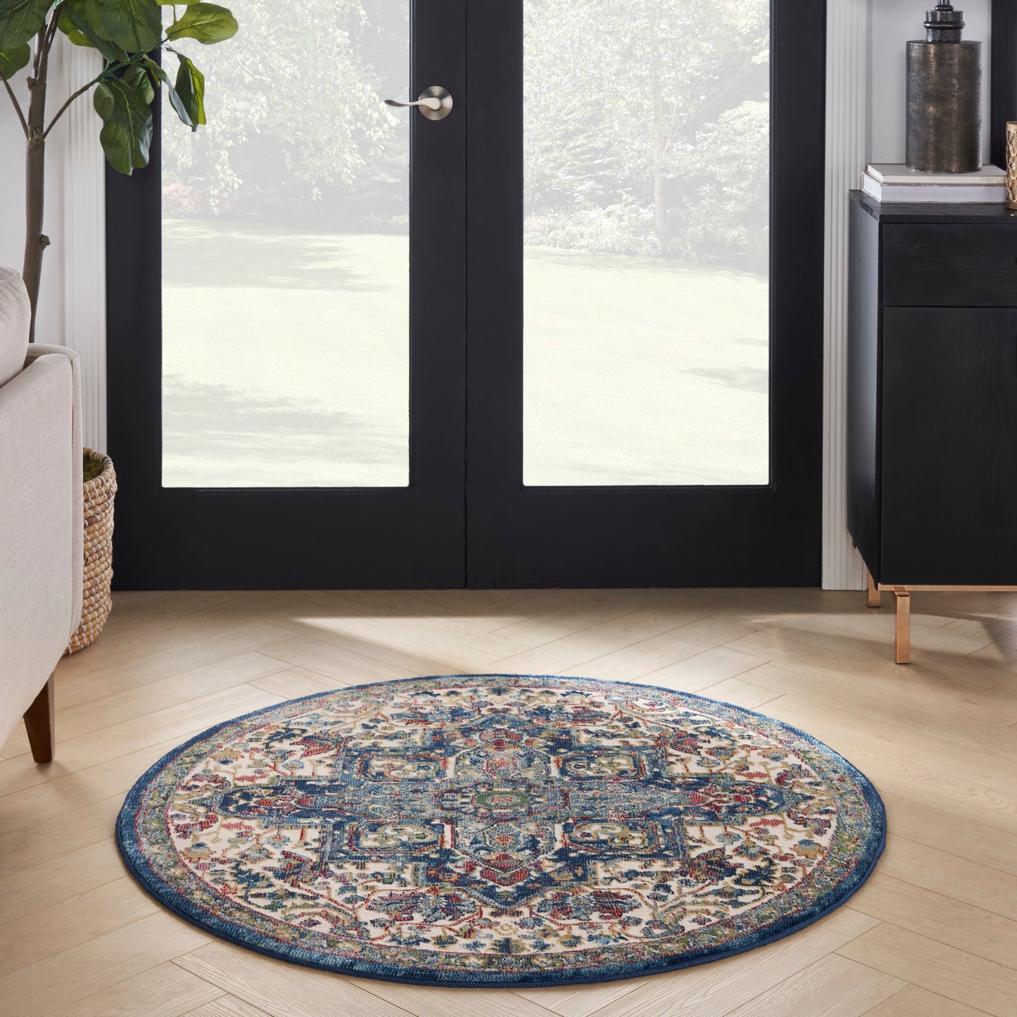 Nourison Ankara Global 4' x Round Ivory Navy Bohemian Indoor Rug