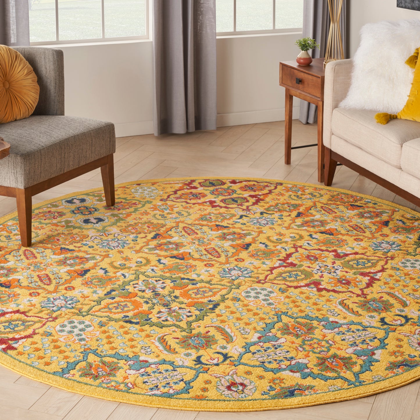 Nourison Allur 7’10” x Round Yellow Multicolor Bohemian Indoor Rug