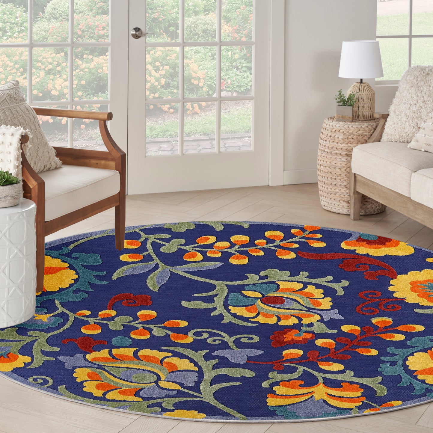 Nourison Aloha 7'10" x Round Navy Multicolor Outdoor Rug