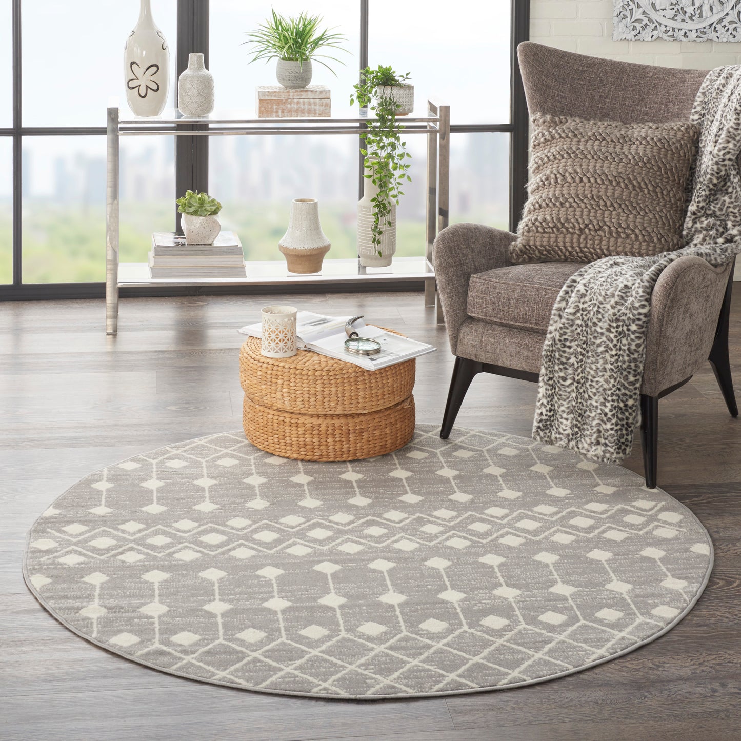 Nourison Grafix 5'3" x Round Grey Bohemian Indoor Rug