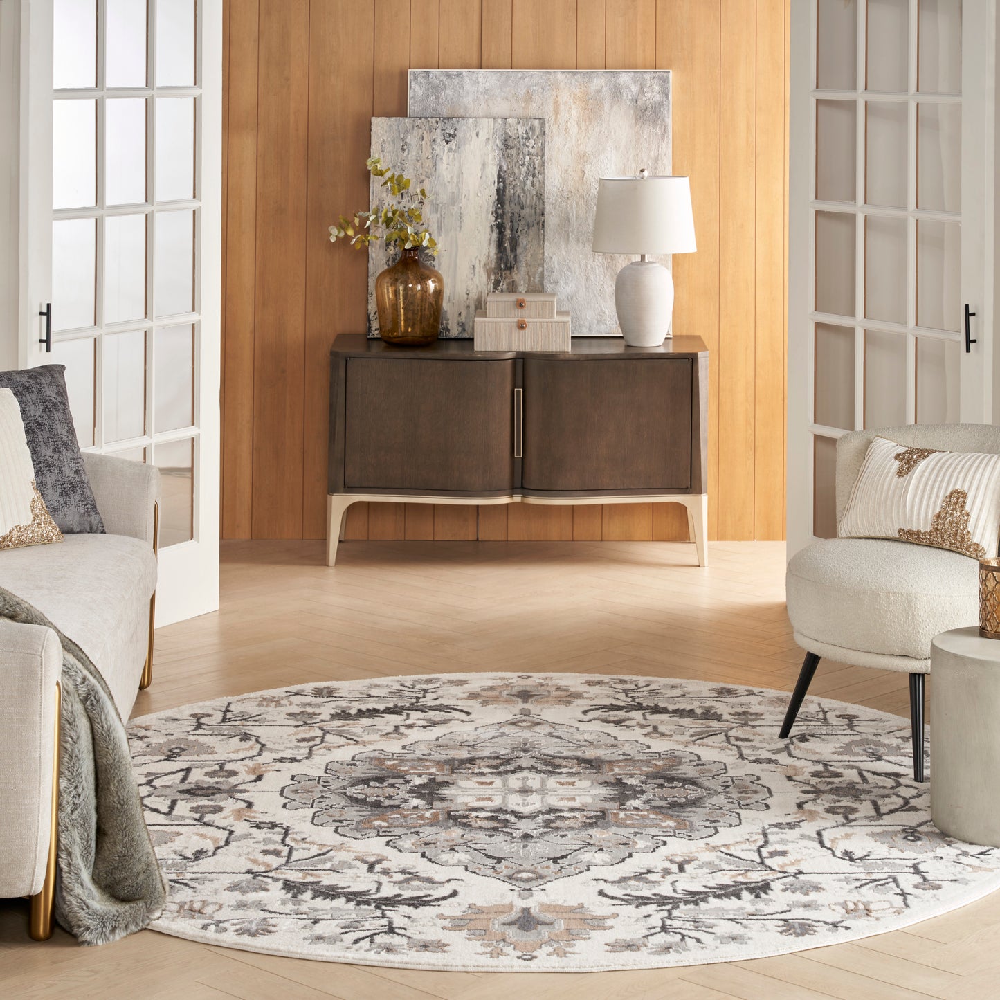 Nourison Elation 5'3" x Round Ivory Grey Transitional Indoor Rug