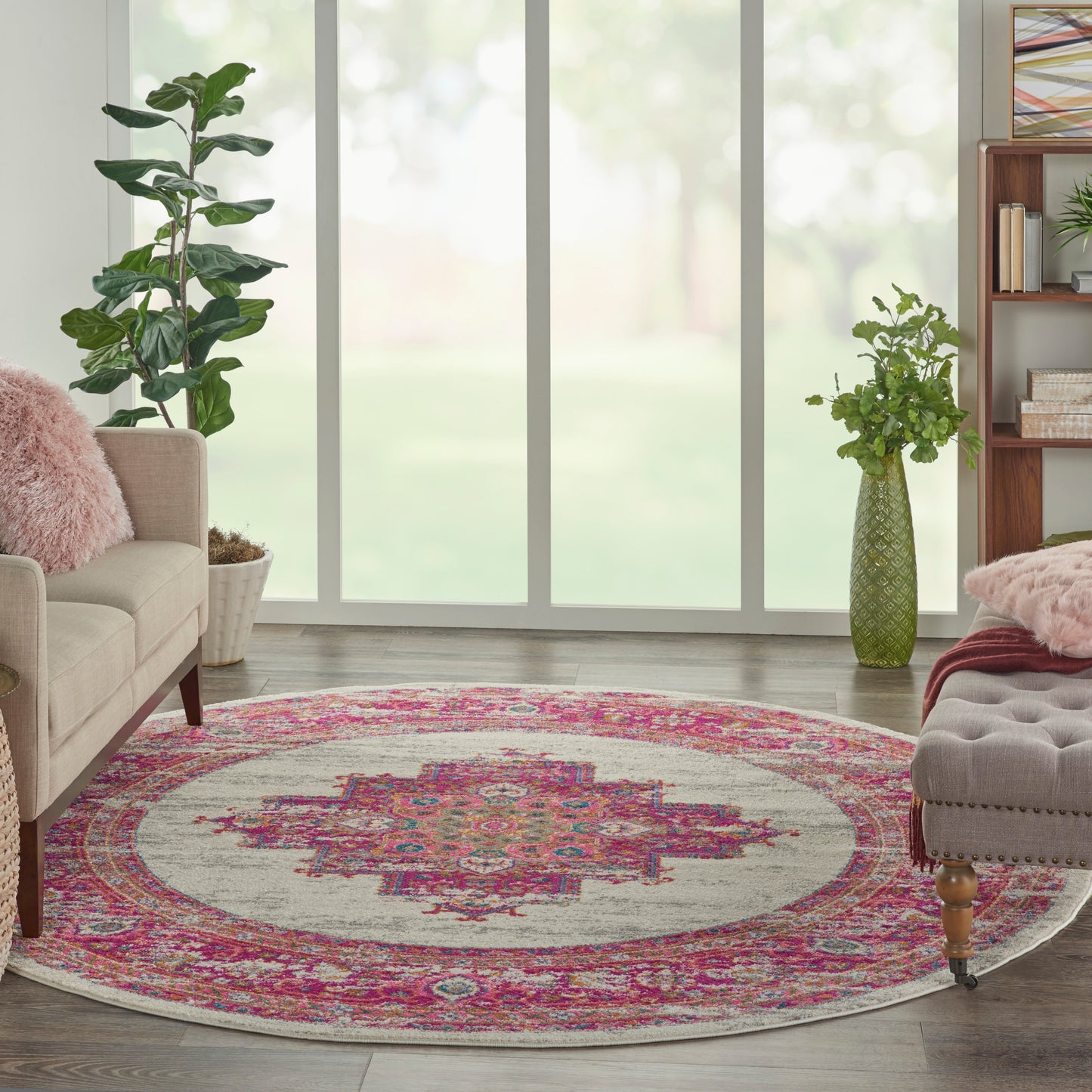 Nourison Passion 8' x Round Ivory/Fuchsia Bohemian Indoor Rug