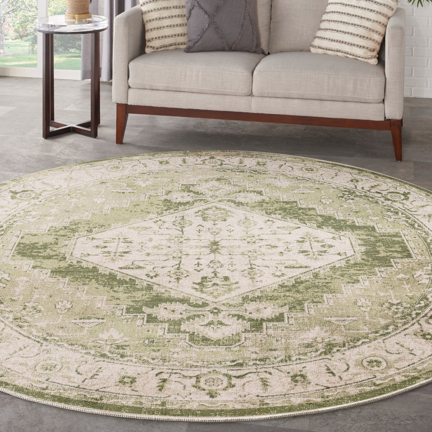 Nourison Astra Machine Washable 5'3" x Round Ivory Green Vintage Indoor Rug