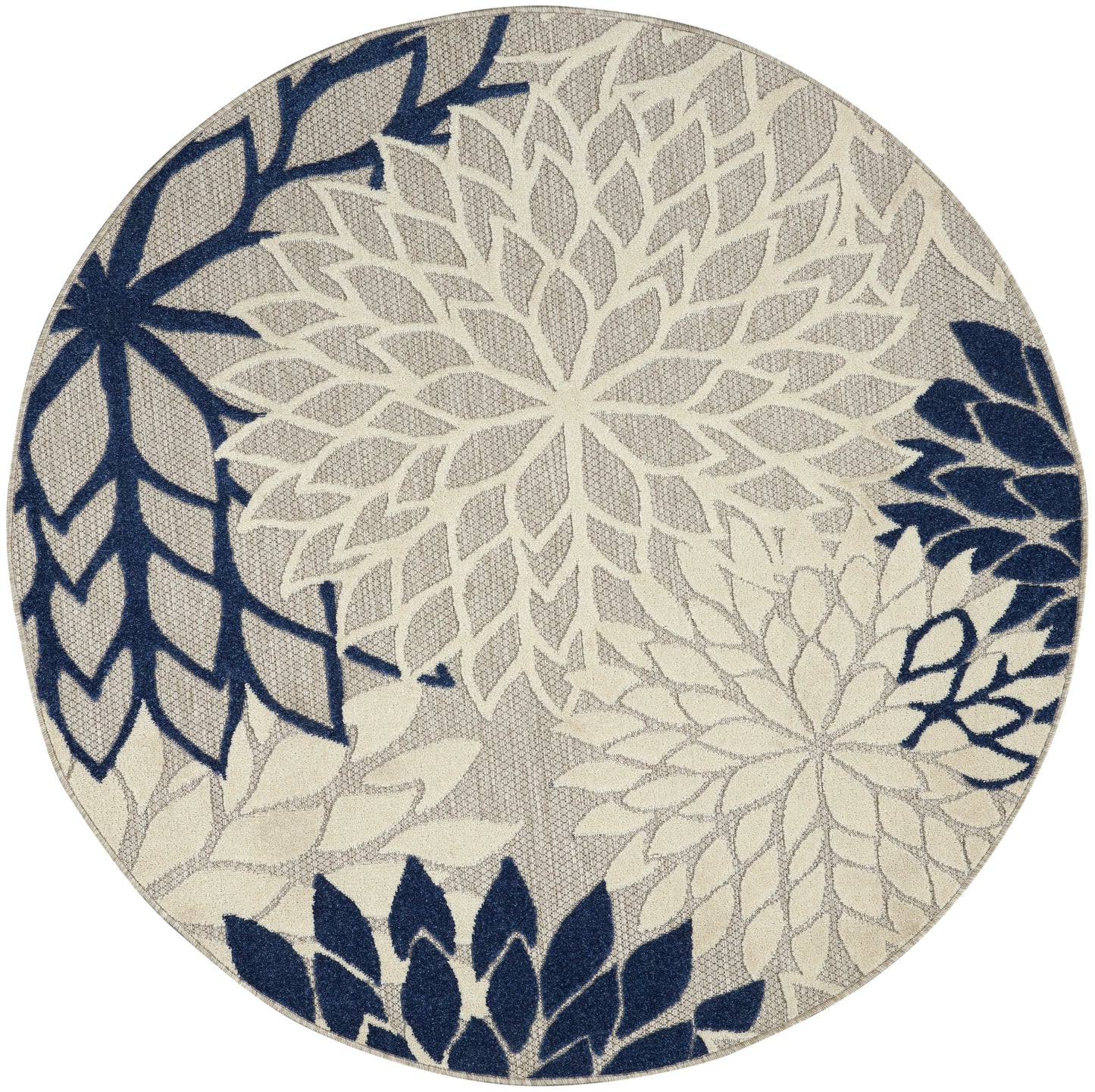 Nourison Aloha 5'3" x Round Ivory Navy Tropical Rug