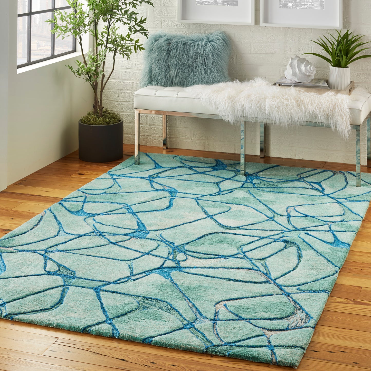 Nourison Symmetry 3'9" x 5'9" Aqua Blue Modern Indoor Rug