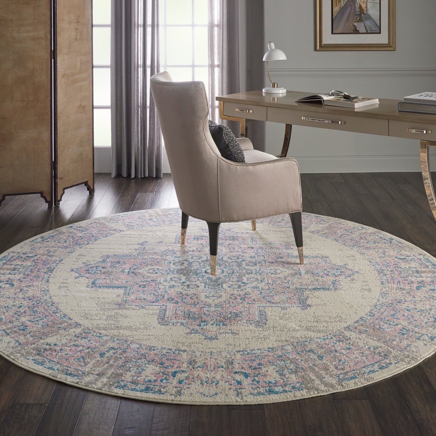 Nourison Grafix 8' x Round Ivory/Pink Vintage Indoor Rug