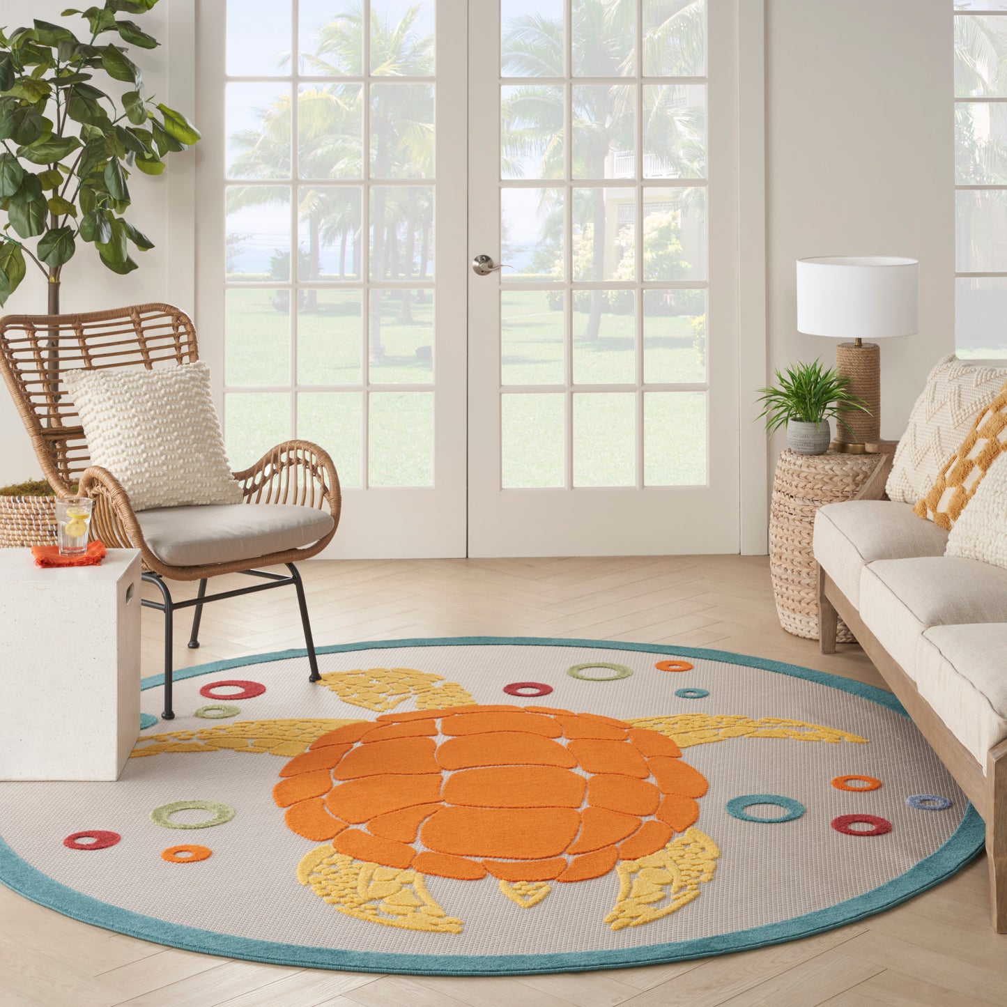 Nourison Aloha 7'10" x Round Teal Multicolor Coastal, Nautical & Beach Rug