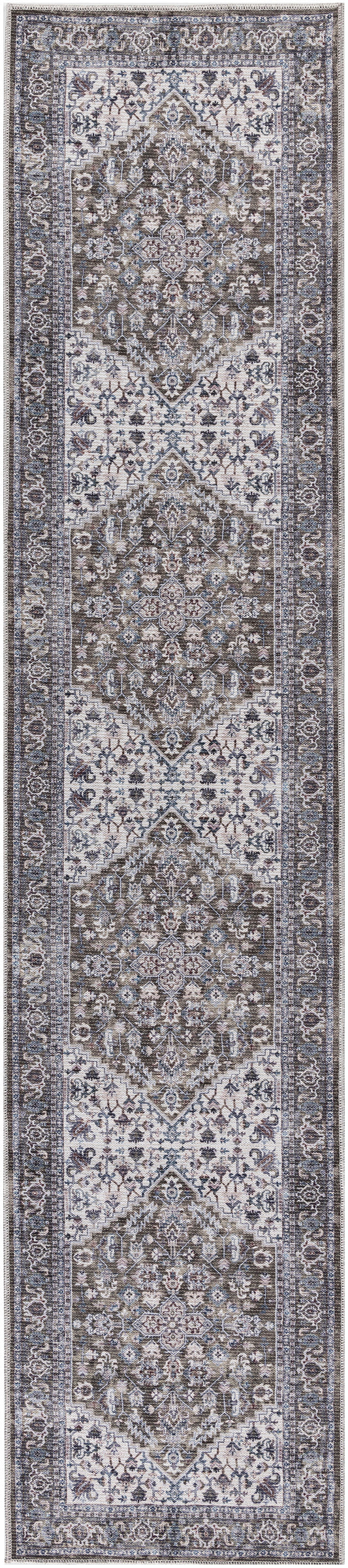 Nicole Curtis Machine Washable Series 1 2'2" x 8' Olive Ivory Vintage Indoor Rug