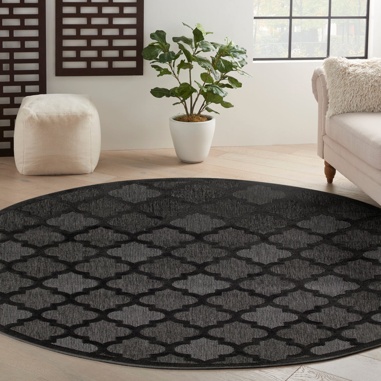 Nourison Easy Care 8' x Round Charcoal Black Modern Rug