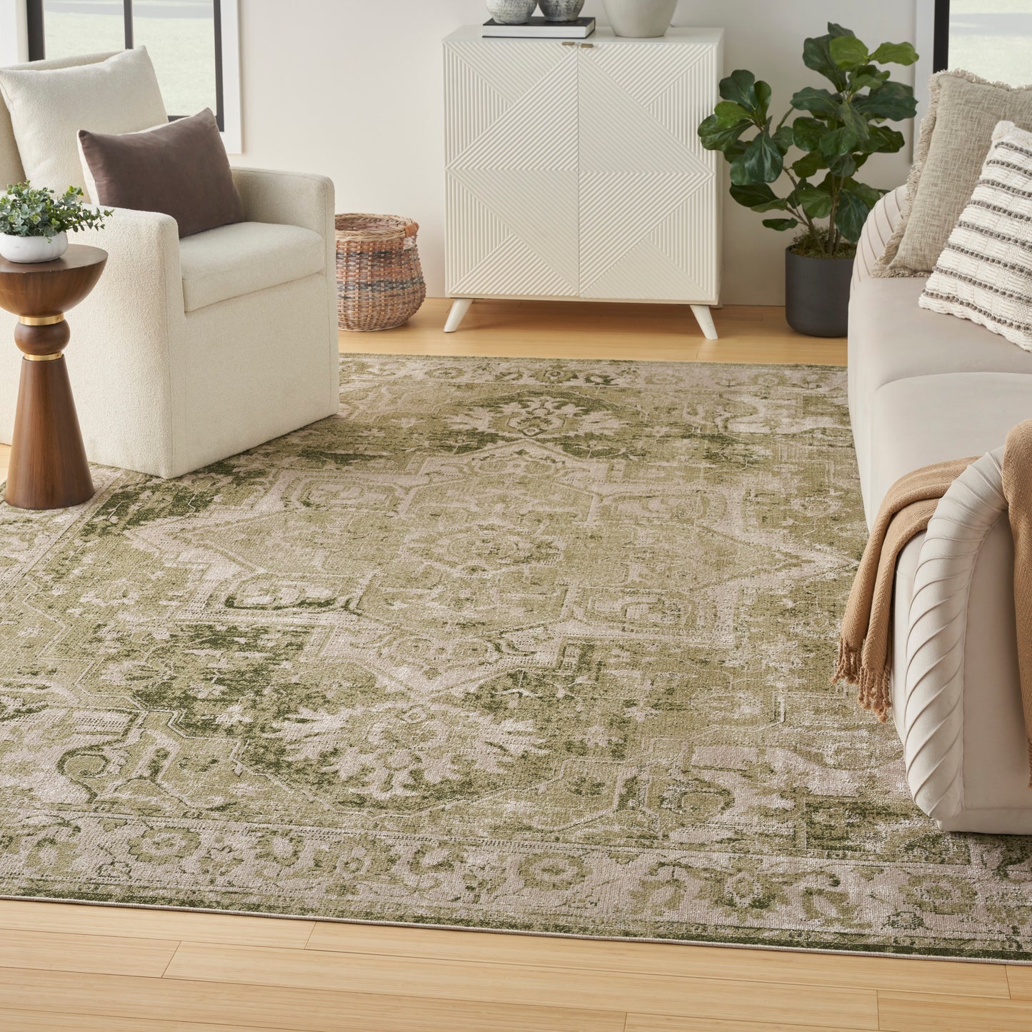 Nourison Astra Machine Washable 6'7" x 9' Ivory Green Vintage Indoor Rug