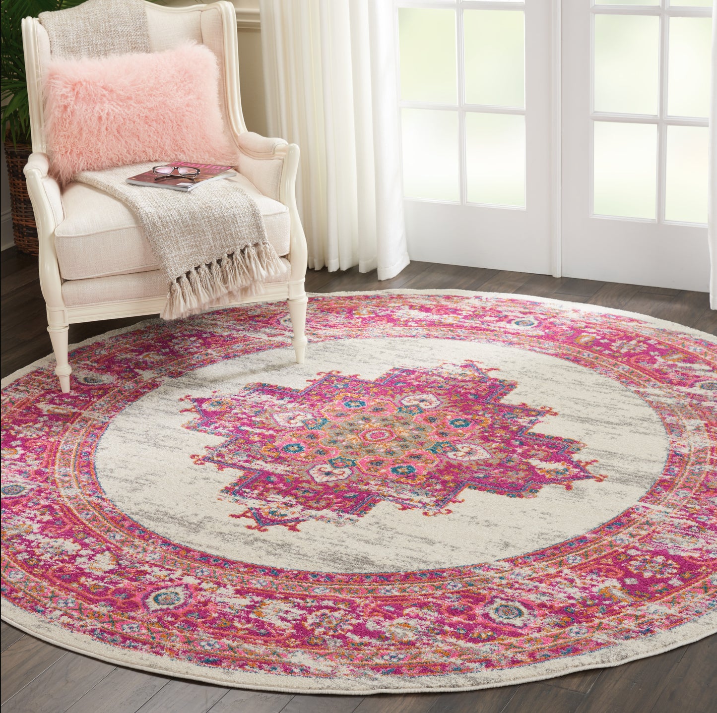 Nourison Passion 8' x Round Ivory/Fuchsia Bohemian Indoor Rug