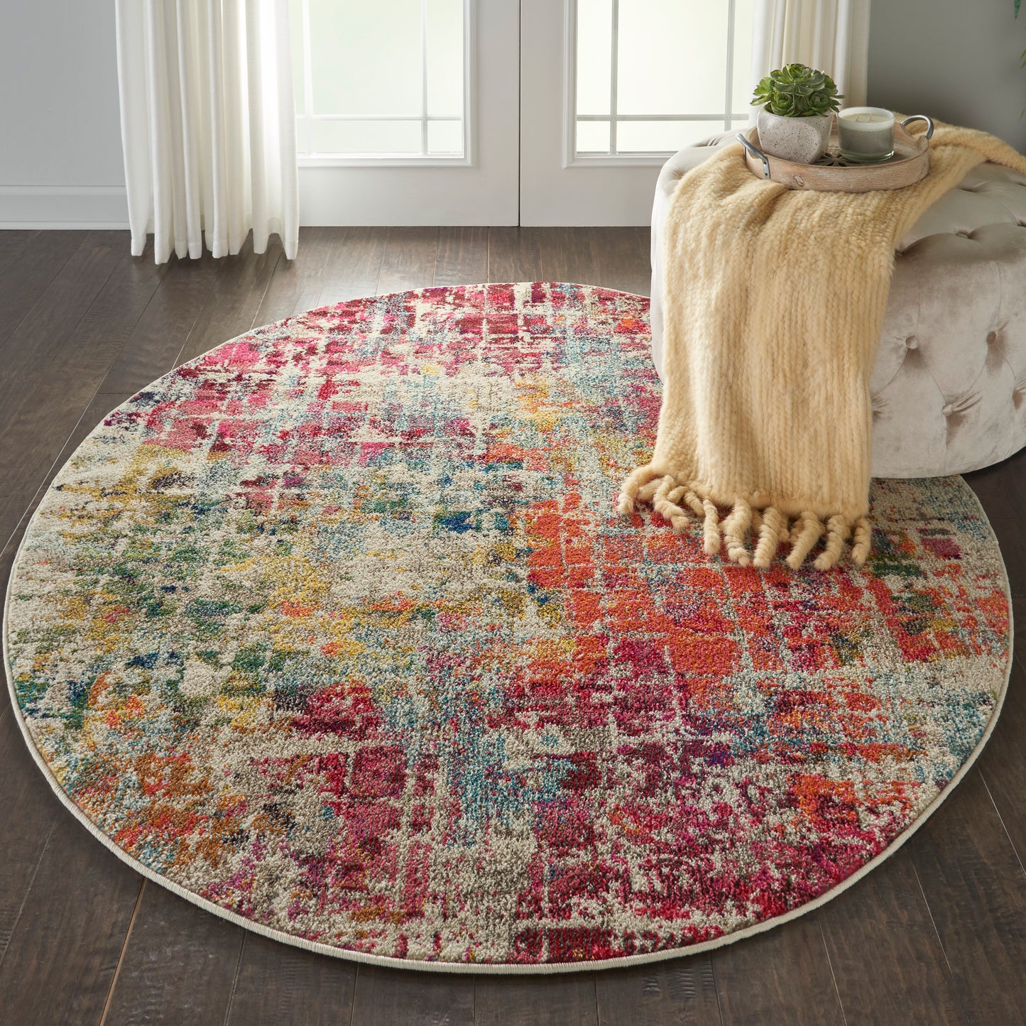 Nourison Celestial 5'3" x Round Pink/Multicolor Modern & Contemporary Indoor Rug