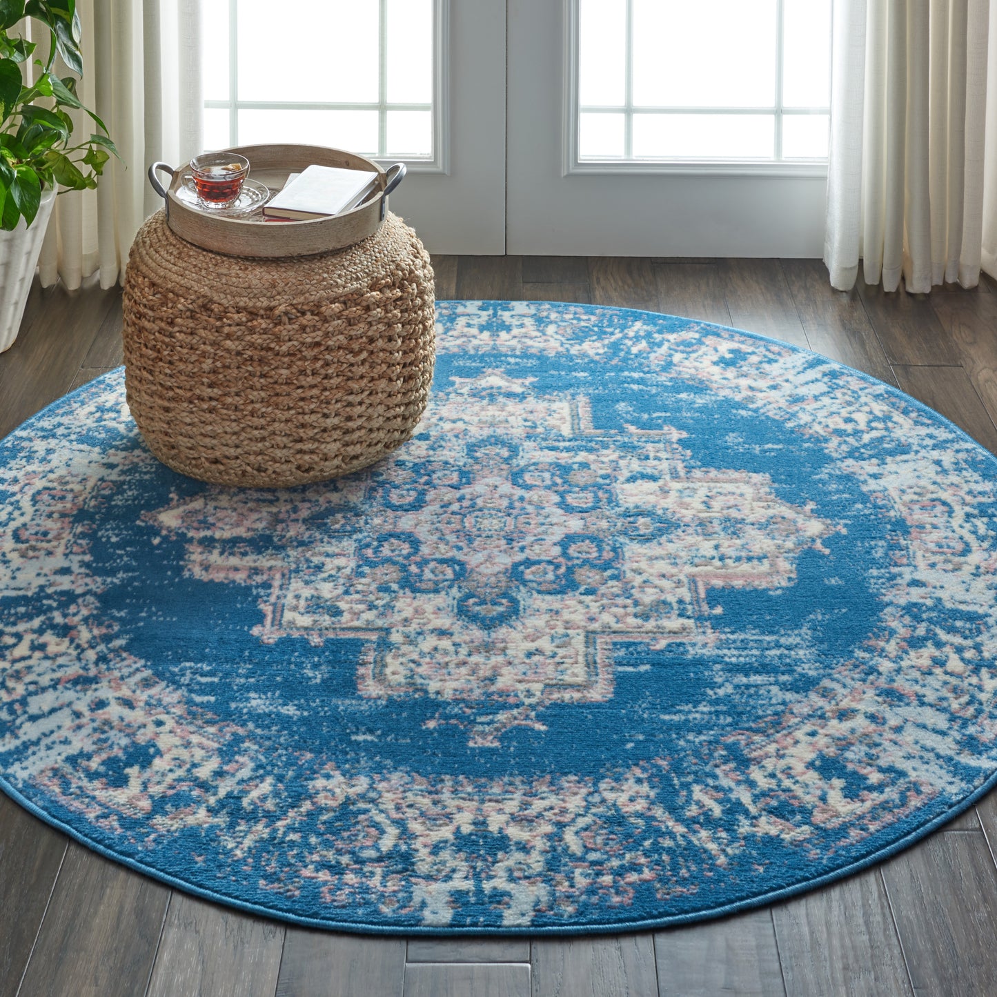 Nourison Grafix 5'3" x Round Blue Vintage Indoor Rug