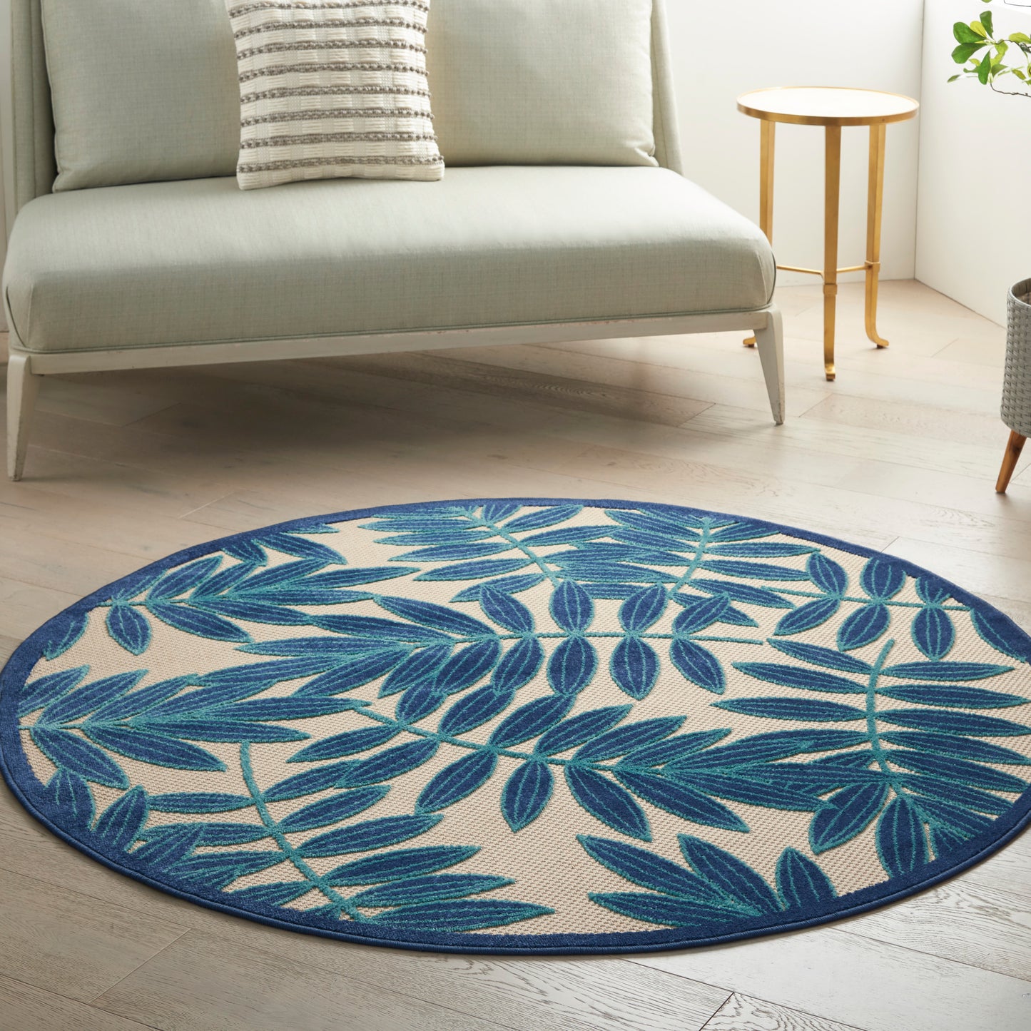 Nourison Aloha 5'3" x Round Navy Tropical Rug