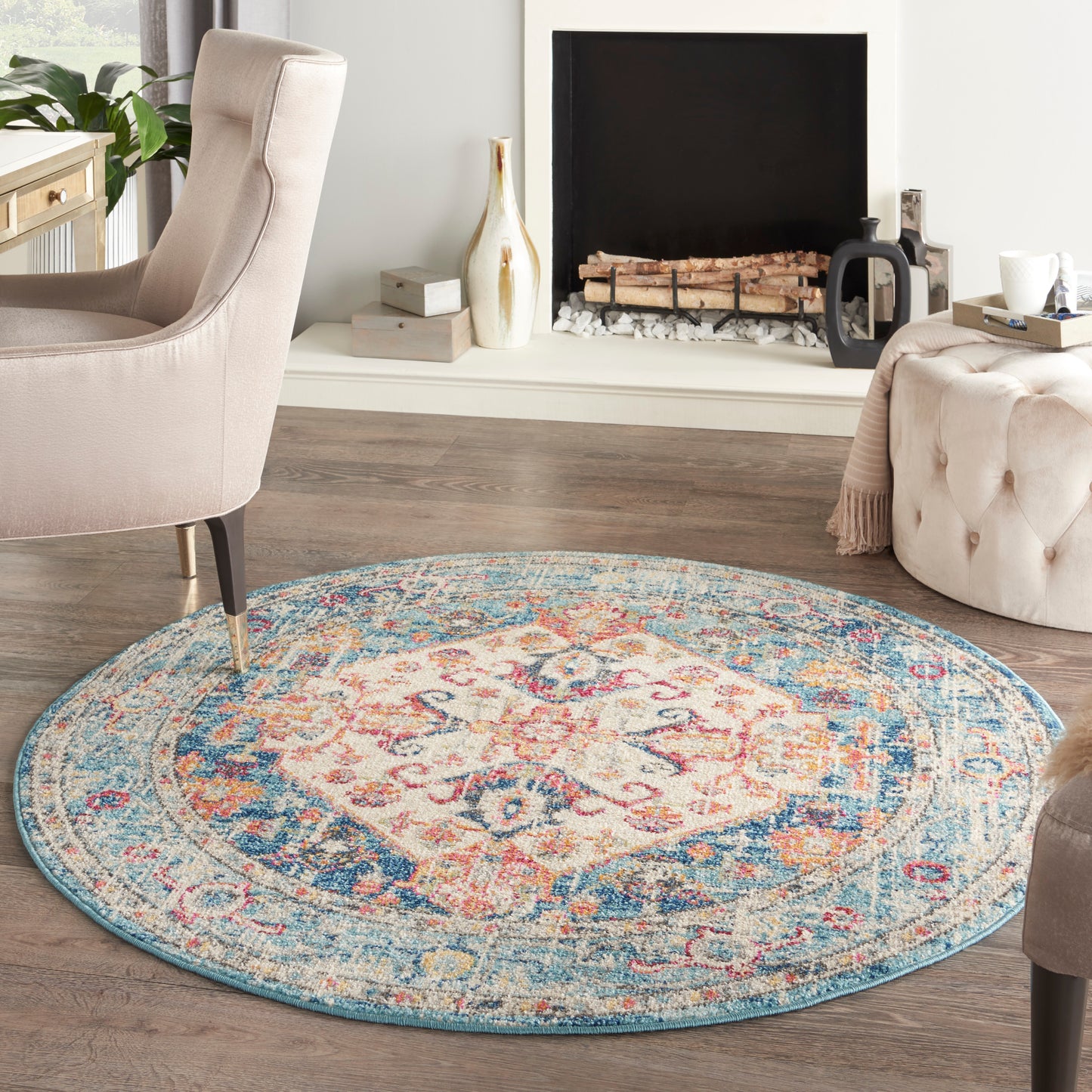 Nourison Passion 4' x Round Ivory/Light Blue Bohemian Indoor Rug