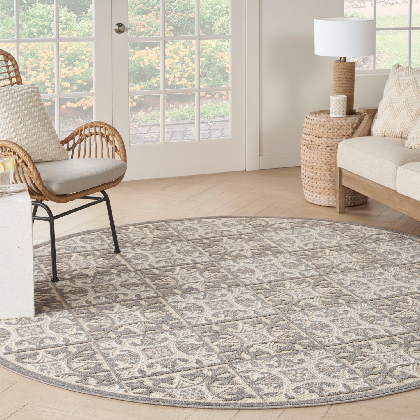 Nourison Aloha 7'10" x Round Ivory Grey Contemporary Rug