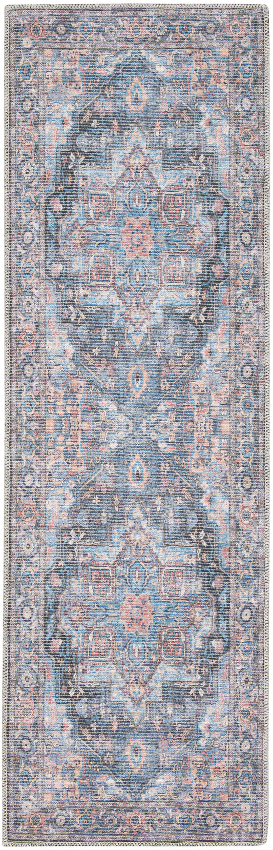 Nicole Curtis Machine Washable Series 1 2'2" x 10' Light Blue Multi Vintage Indoor Rug