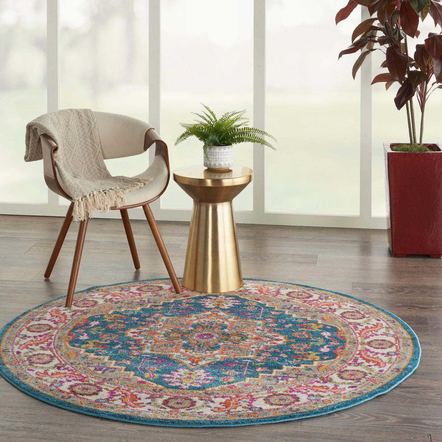 Nourison Passion 5' x Round Teal Multicolor Bohemian Indoor Rug