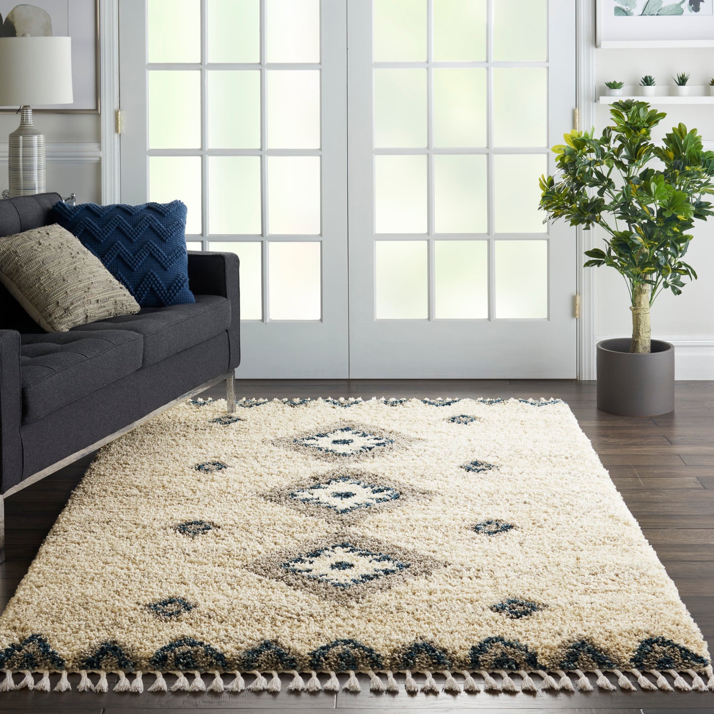 Nourison Oslo Shag 4' x 6' Ivory/Blue Shag Indoor Rug