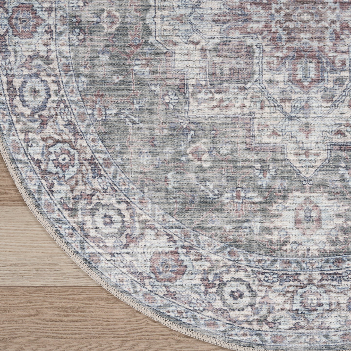 Nicole Curtis Machine Washable Series 1 4' x Round Ivory Grey Vintage Indoor Rug