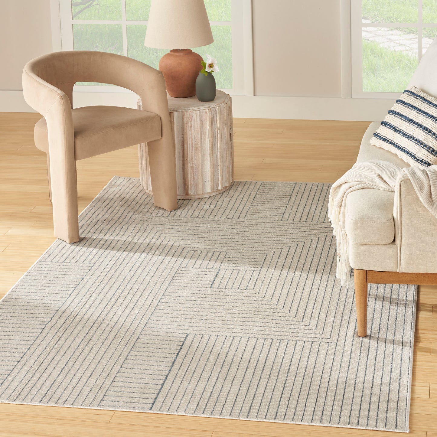 Nourison Washable Decor 6'7" x 9' Cream Blue Modern Indoor Rug