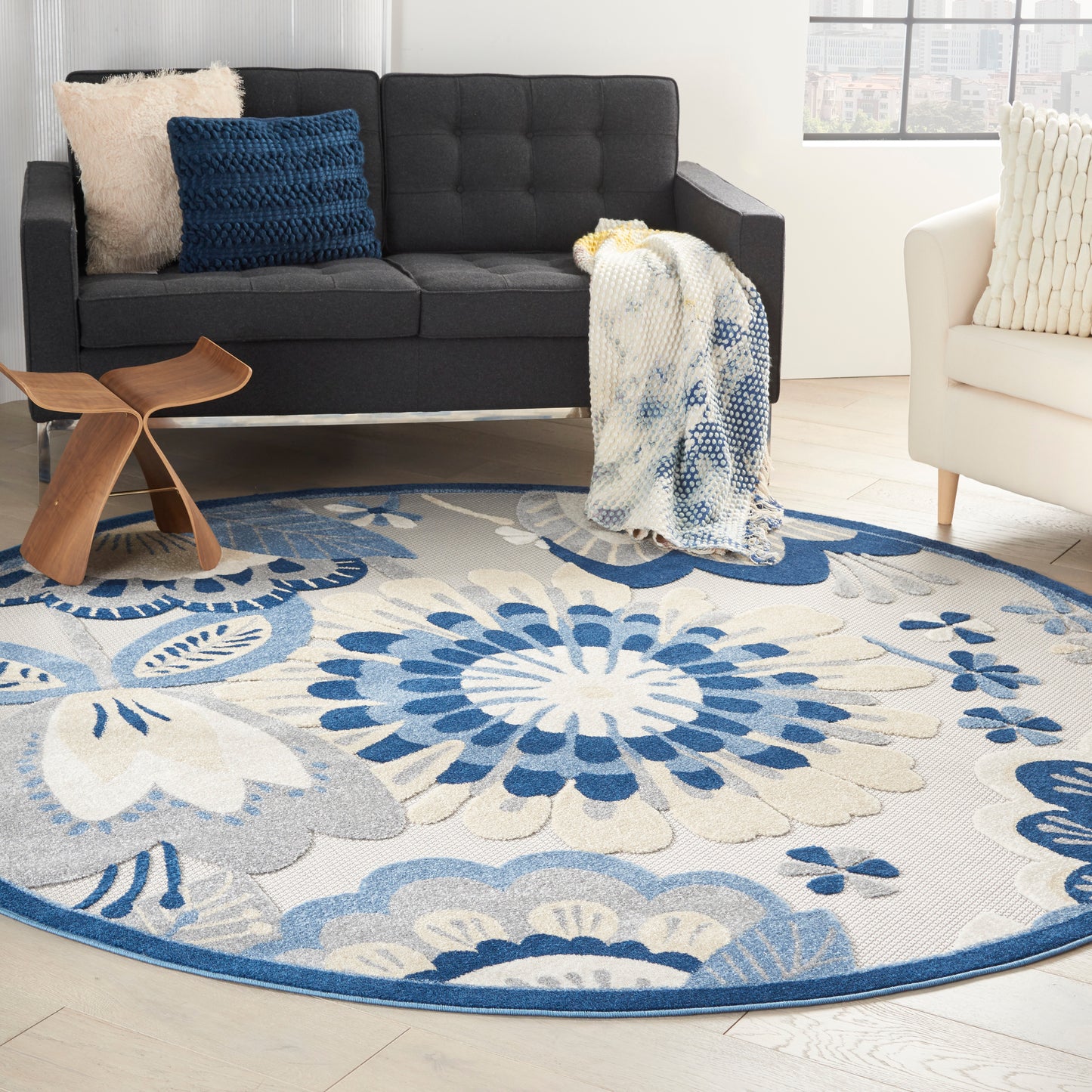 Nourison Aloha 7'10" x Round Blue Grey Contemporary Rug