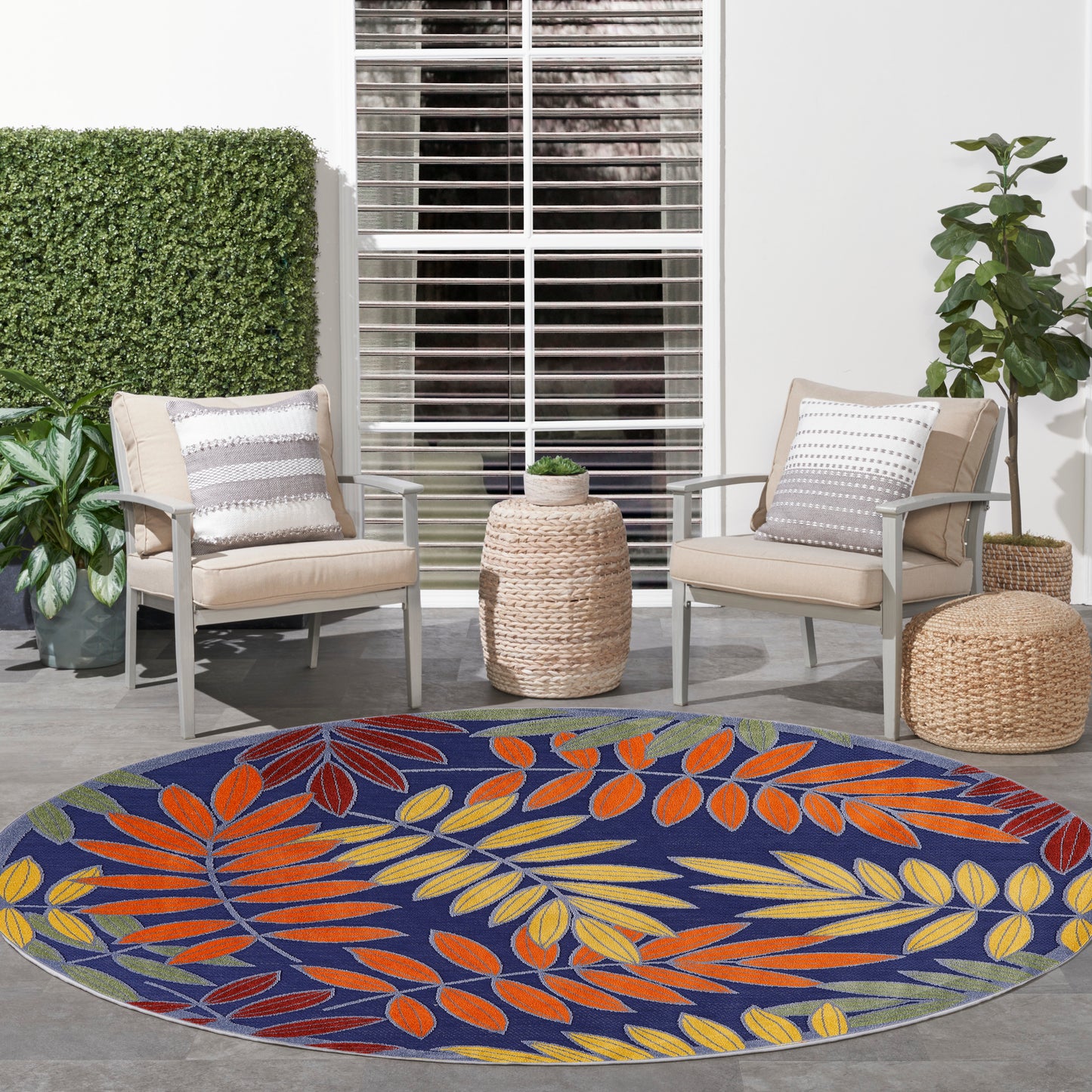 Nourison Aloha 5'3" x Round Navy Multicolor Outdoor Rug