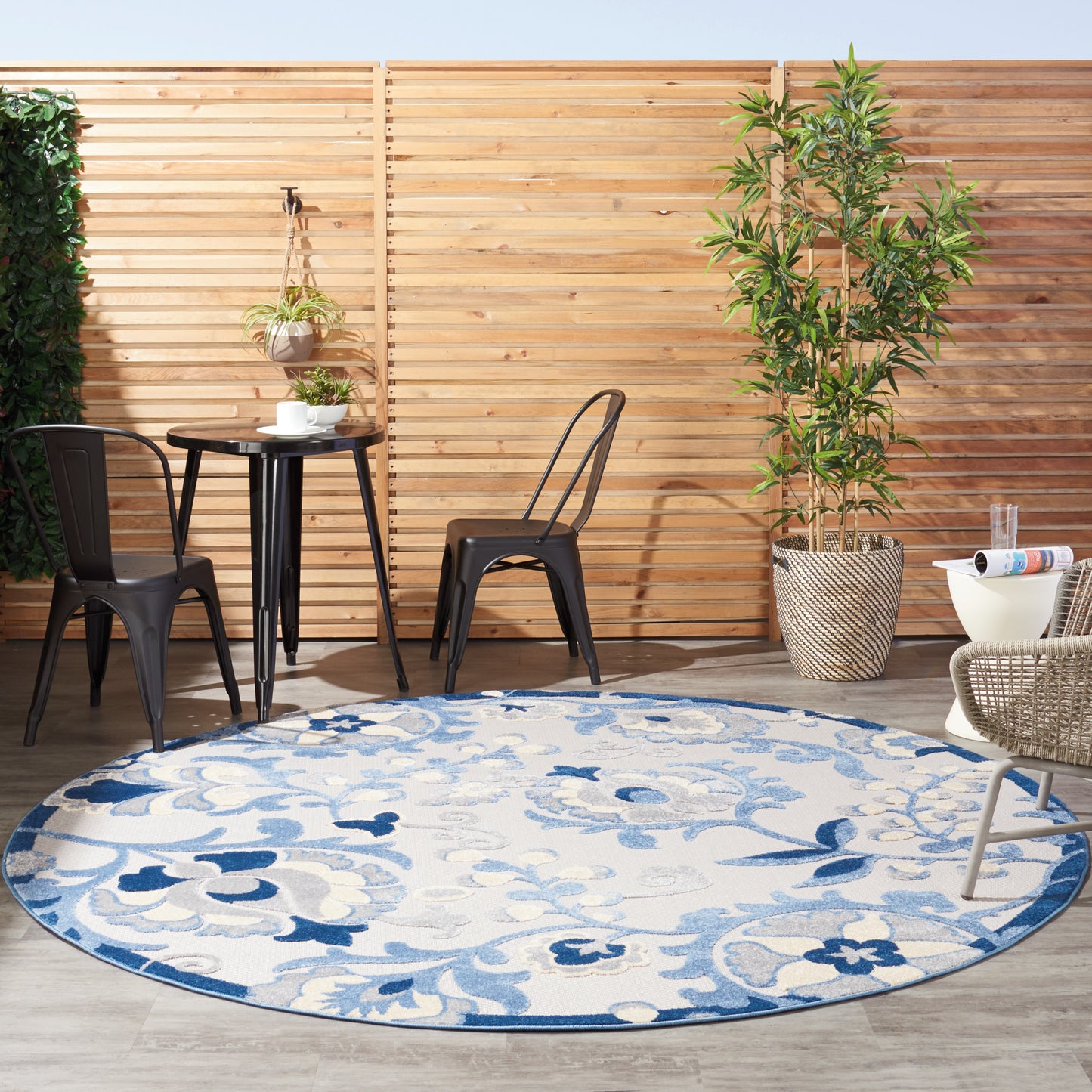 Nourison Aloha 7'10" x Round Blue Grey Farmhouse Rug