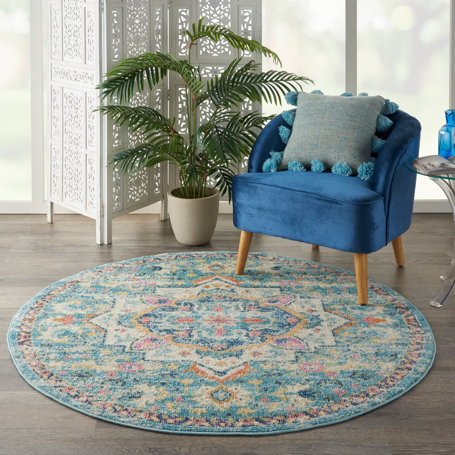 Nourison Passion 5' x Round Ivory/Light Blue Bohemian Indoor Rug