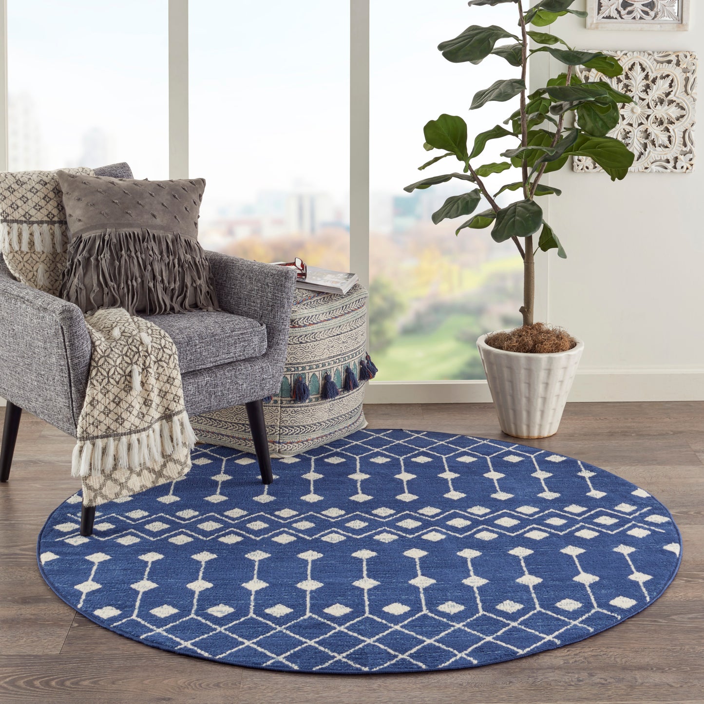 Nourison Grafix 5'3" x Round Navy Bohemian Indoor Rug