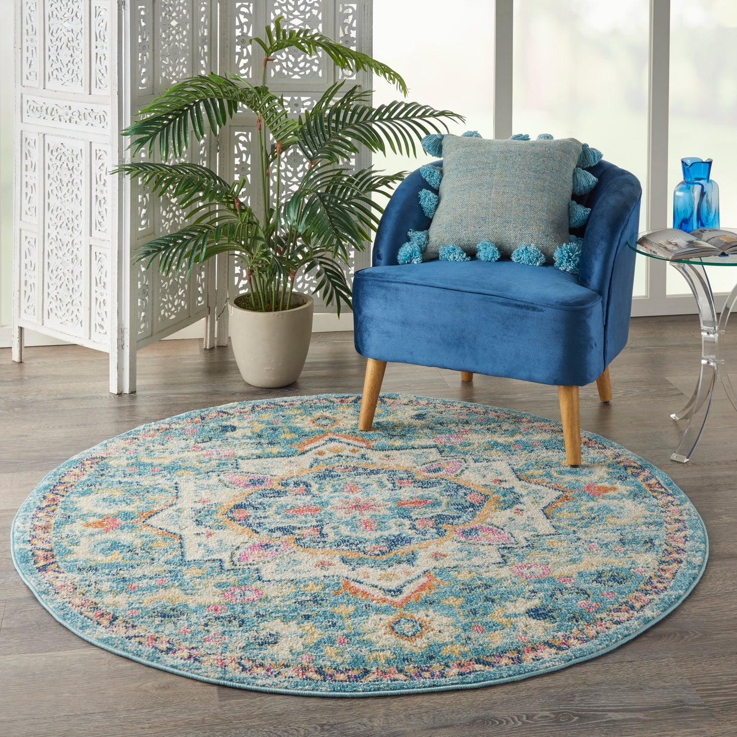 Nourison Passion 5' x Round Ivory/Light Blue Bohemian Indoor Rug