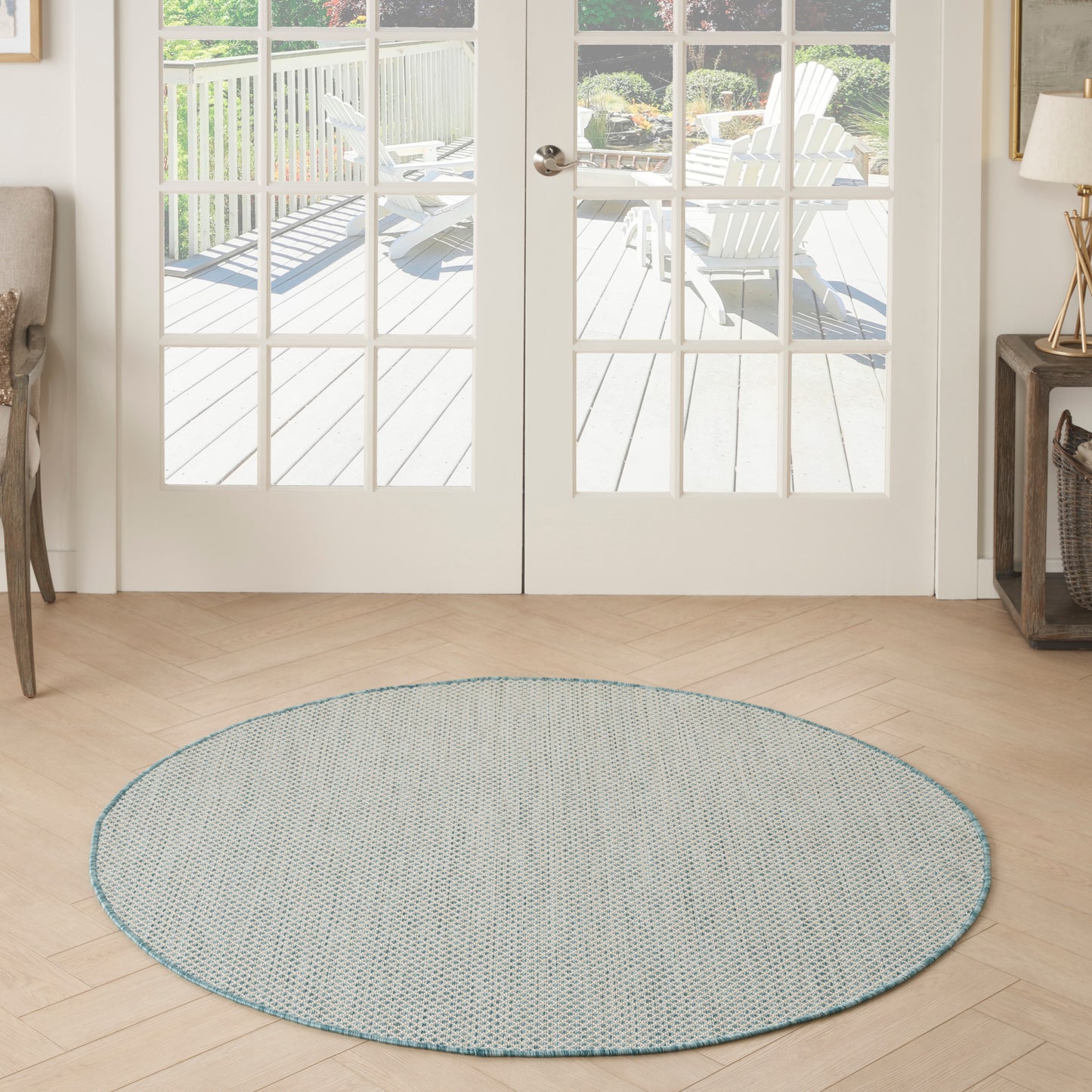 Nourison Courtyard 5' x Round Ivory Aqua Modern Rug