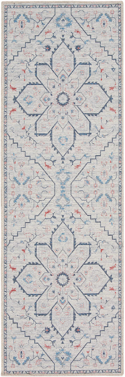 Nicole Curtis Machine Washable Series 1 2' x 6' Ivory Blue Farmhouse Indoor Rug