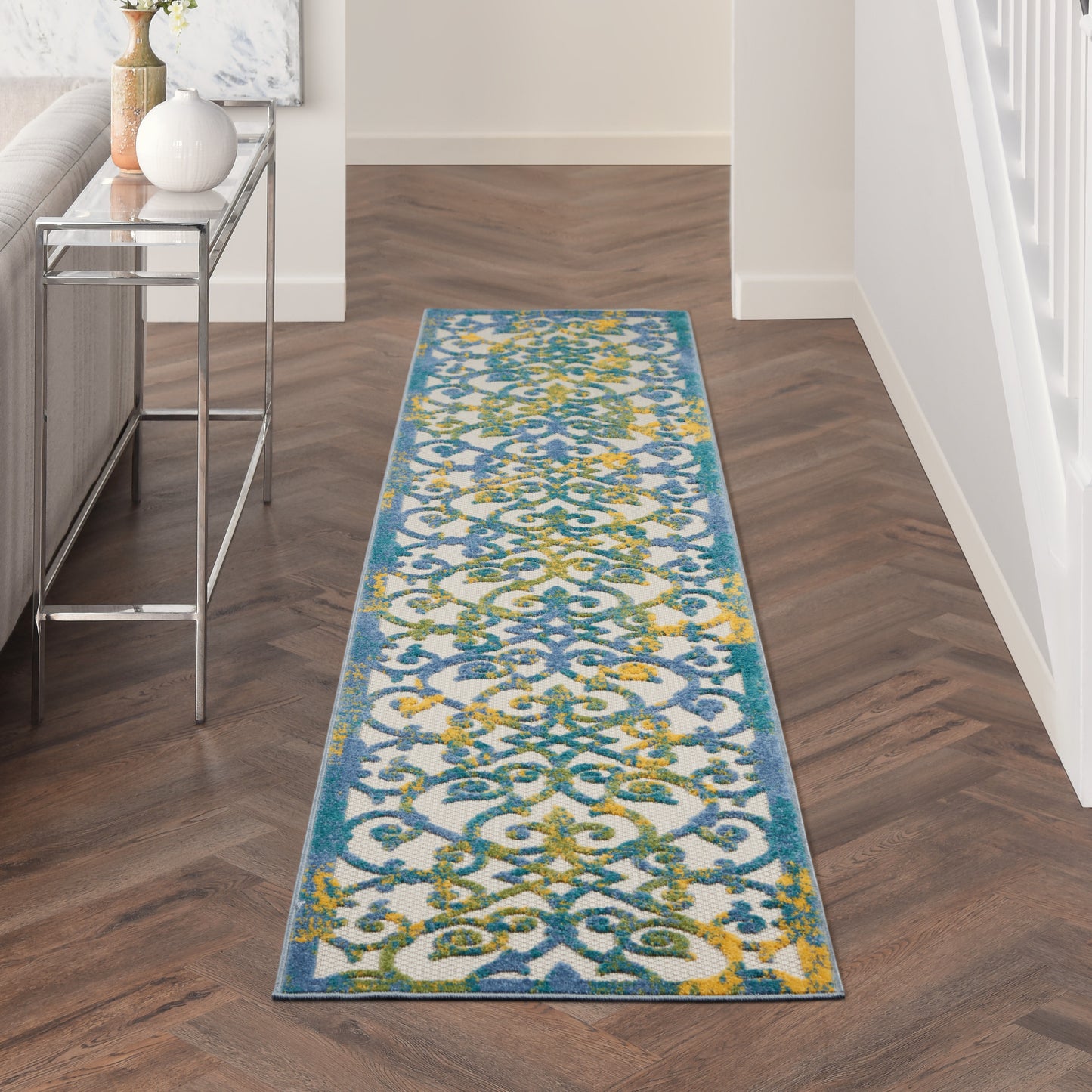 Nourison Aloha 2'3" x 12' Ivory Blue Contemporary Rug