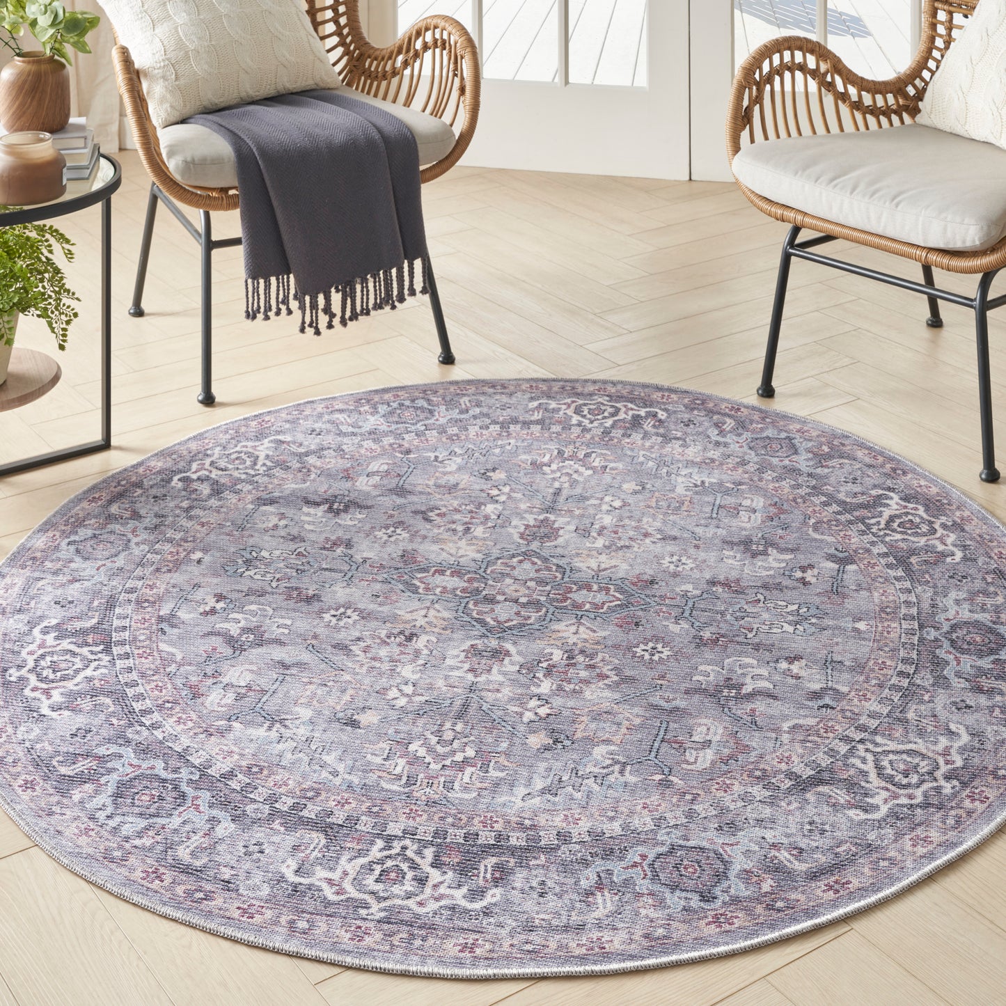 Nicole Curtis Machine Washable Series 1 7'10" x Round Grey Vintage Indoor Rug