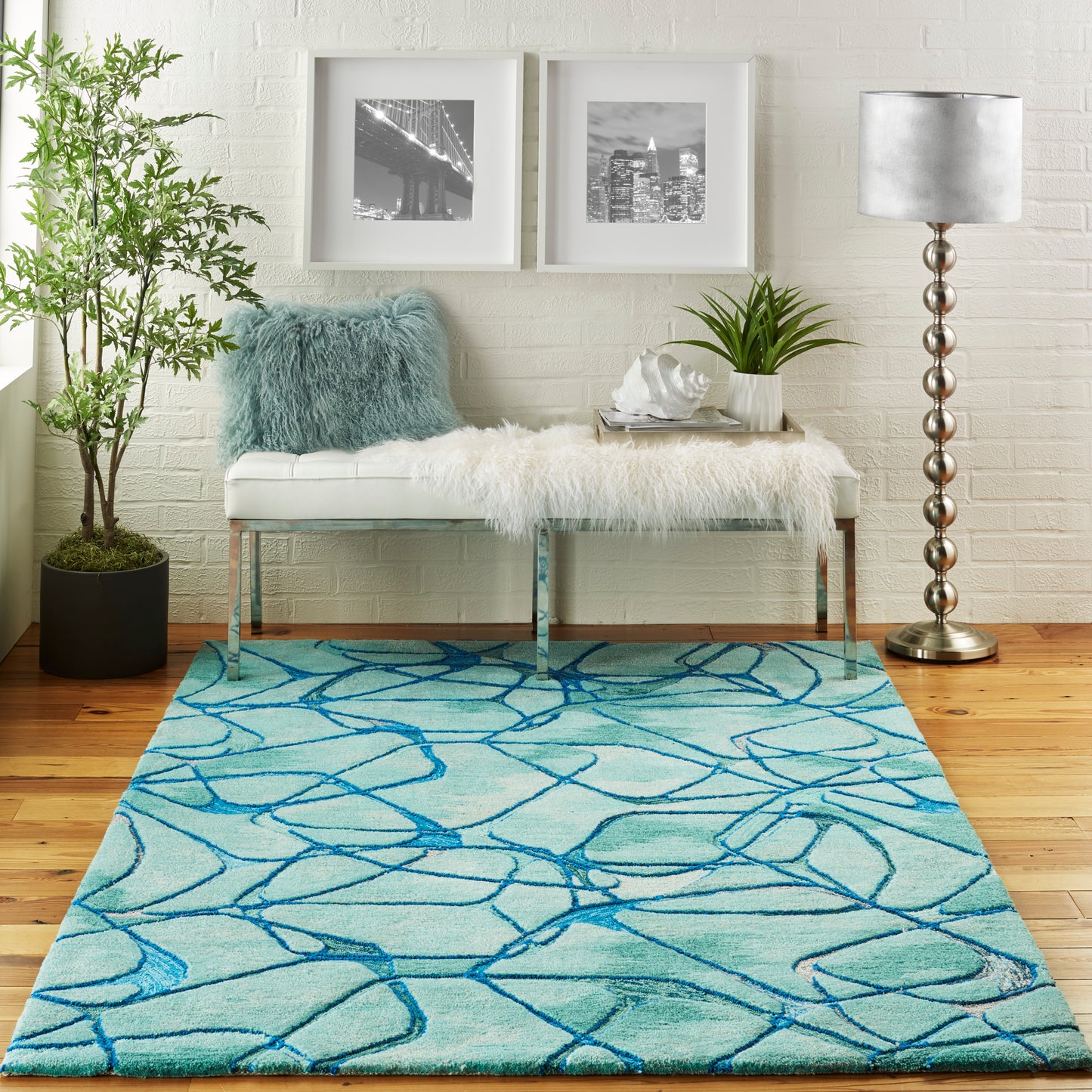 Nourison Symmetry 5'3" x 7'9" Aqua Blue Modern Indoor Rug