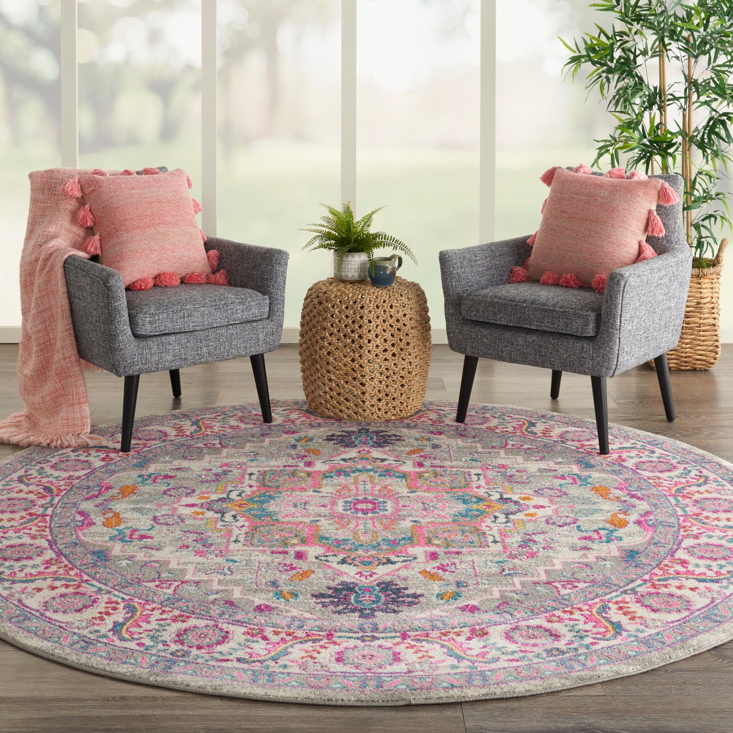 Nourison Passion 8' x Round Light Grey/Pink Bohemian Indoor Rug