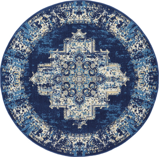 Nourison Grafix 4' x Round Navy Blue Vintage Indoor Rug