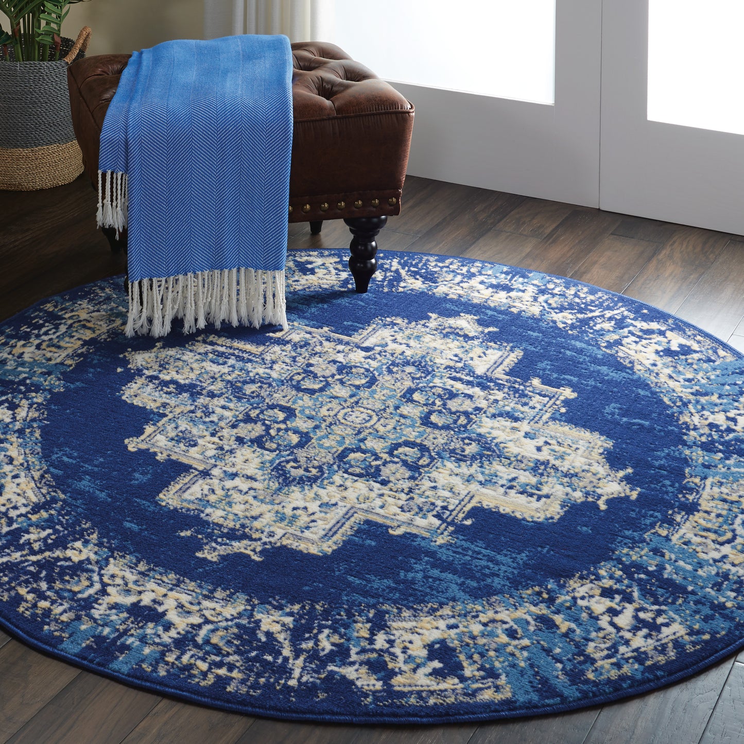 Nourison Grafix 5'3" x Round Navy Blue Vintage Indoor Rug