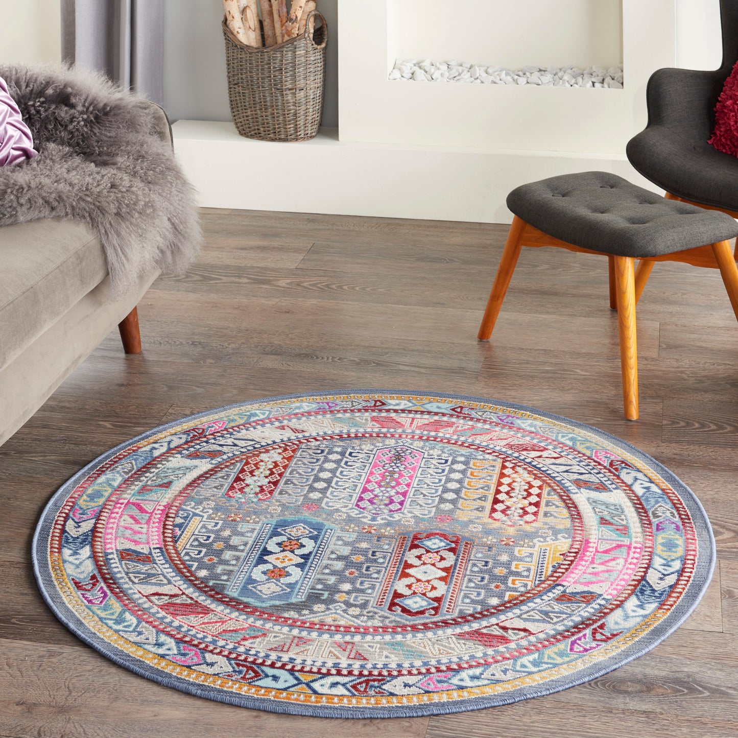 Nourison Vintage Kashan 4' x Round Grey/Multi Bohemian Indoor Rug